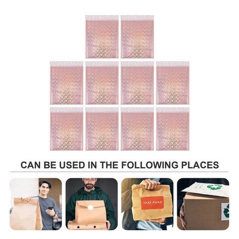 10 Pack Padded Bubble Mailer Bags 25 By 30 Cm Plus 4 Cm Self Sealing Cushioned Envelopes for Shipping, displayed with various uses