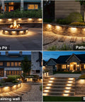 Collage showing Eight Pack 4 Inch Retaining Wall Lights Waterproof LED Hardscape on fire pit, pathway, retaining wall, step.