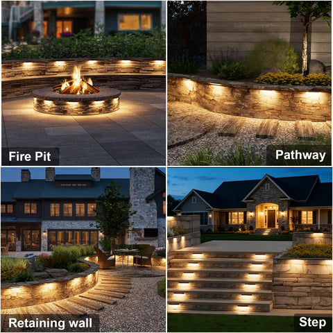 Collage showing Eight Pack 4 Inch Retaining Wall Lights Waterproof LED Hardscape on fire pit, pathway, retaining wall, step.