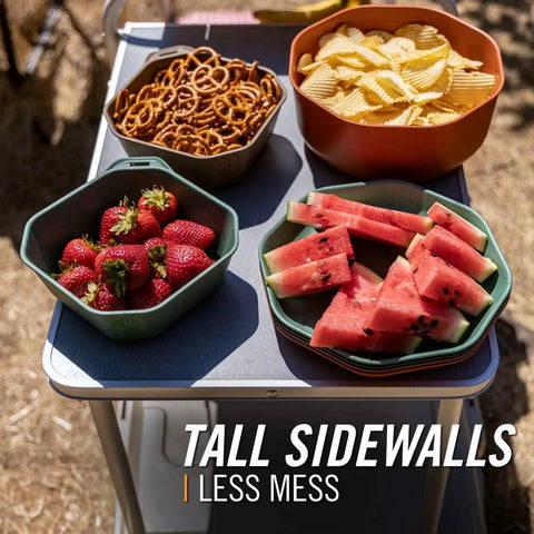 ComplEAT Outdoor Tableware Set For Camping And Hiking, showcasing bowls with snacks on outdoor table