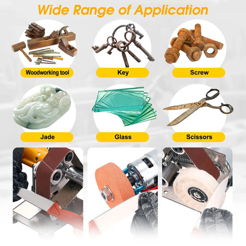 Wide range of applications for the Mini Belt Sander For Knife Making Electric Bench Grinder including tools and materials.