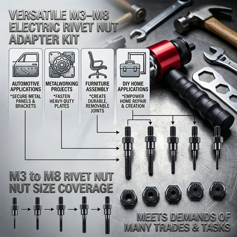 Premium High Carbon Steel Electric Rivet Gun Adapter Kit For Cordless Drill Metric M3 To M8 Rivnut Tool With Clutch Pressure Adjustment To Stop Slipping Perfect Heavy Duty Nutsert Attachment For Serious DIY Projects And Pros., red drill adapter with M3 to M8 rivet nuts and metal fasteners