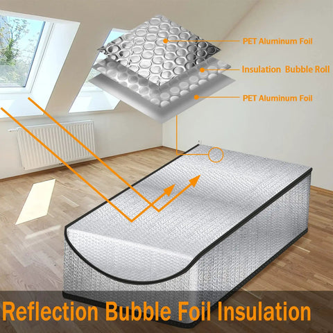 Attic Stairs Insulation Cover Tent For Pull Down Stairs Premium Energy Saving With Double Bubble Reflective Radiant Barrier shown in attic
