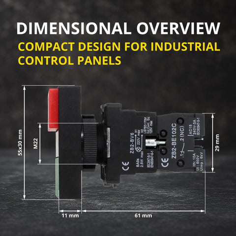Dimensional overview of Double Head Push Button With Signal Lamp On Off Start Stop Switch for industrial control panels.