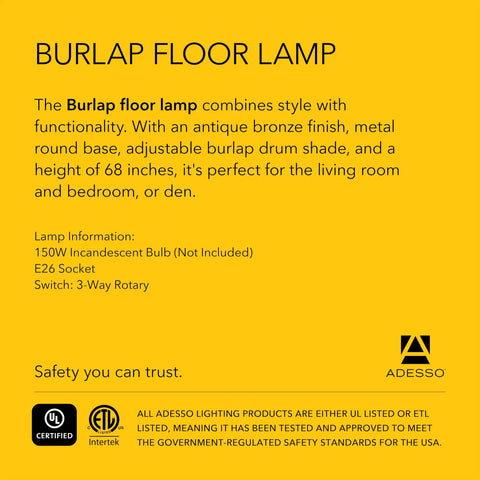 Arc Floor Lamp With Burlap Round Shade And Antique Bronze Base, 68 Inch Tall, Perfect Reading And Task Lighting