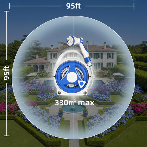 Retractable Garden Hose Reel With 10 Patterns Spray Nozzle, 50Ft Auto Wind Up Hose Holder in garden setting, 330m² max area cover.