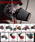 26mm Performance Carburetor Beefed Up For 212cc 224cc 196cc Engines displayed with 38mm red air filter and compatibility list.
