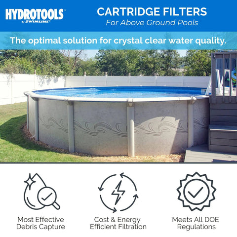 Above-ground pool with cartridge filter system, showcasing energy-efficient filtration for pools up to 15,600 gallons.