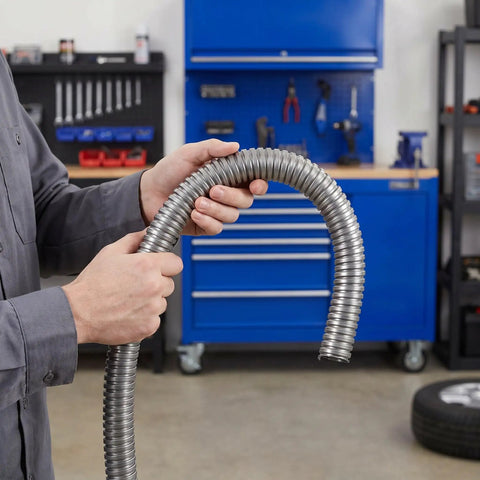 Person holding Built Tough Stainless Steel Flexible Wire Conduit For Electrical Cable Routing And High Temperature Rugged Metal Tubing.