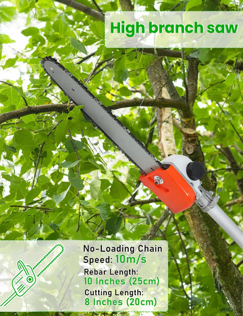 Beast 5 In 1 Gas Powered Weed Eater With 52cc 2 Stroke Engine high branch saw attachment in use on tree branch.
