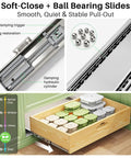 Solid Pull Out Cabinet Organizer Featuring Soft Close Slide Drawers And Real Wood Build For Kitchen Pantry Storage showing soft-close and ball bearing slides.
