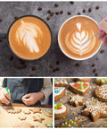 Six Piece Cookie Scribe Tool Set Featuring Durable Iron Pins And Comfortable Plastic Handles For Flawless Sugar Cookie Decorating and Sweet Baker Crafts That Are Total Game Changers with coffee art and decorated cookies.