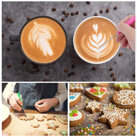 Six Piece Cookie Scribe Tool Set Featuring Durable Iron Pins And Comfortable Plastic Handles For Flawless Sugar Cookie Decorating and Sweet Baker Crafts That Are Total Game Changers with coffee art and decorated cookies.