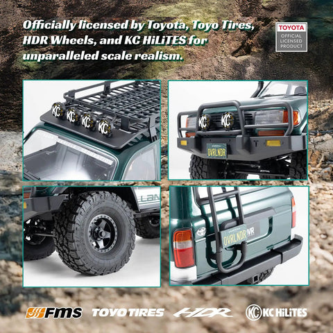 Toyota Licensed LC80 One Tenth Scale Brushless RC Crawler with KC HiLiTES covers, HDR wheels, realistic details.