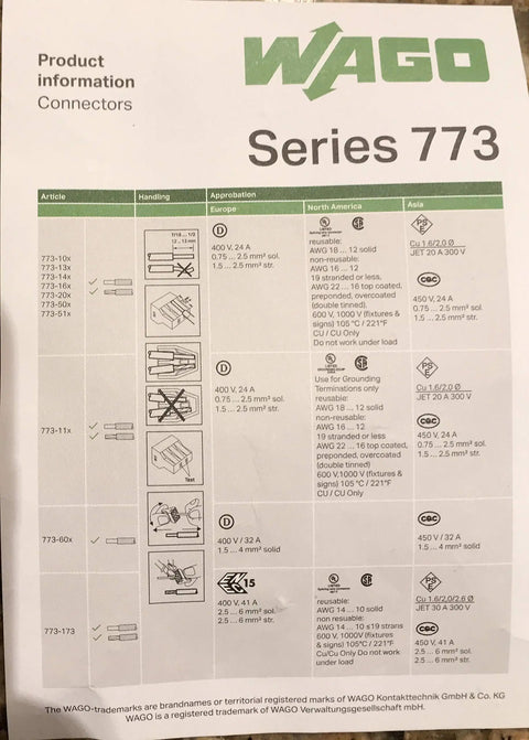 Product information sheet for WAGO Series 773 connectors