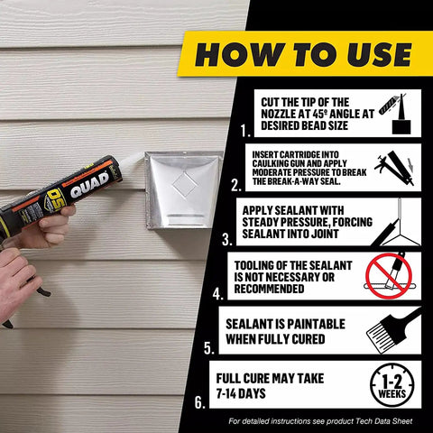 Instructions for using Beige Window Door And Siding Sealant 10 Oz Tubes; includes steps for cutting, applying, and curing.