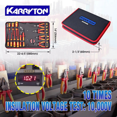 Pro Grade 1000V Insulated Electrician Tool Set 14 Piece VDE Certified Heavy Duty pliers and screwdrivers in a storage case.