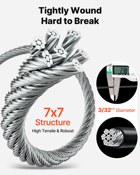 Close-up of 7x7 structure of Heavy Duty 165 Ft 304 Stainless Steel Wire Cable 7/32 inch for String Light Hanging Kit