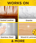 Image showing surfaces compatible with Expert Care Wood Wipes With Lemon Scent For Sealed Wood Leather Granite And Stainless Steel Quick Shine Buff And Protect Polisher Wipes In A 24 Count Pack, including sealed leather, granite, stainless steel, and wood laminate with lemons.