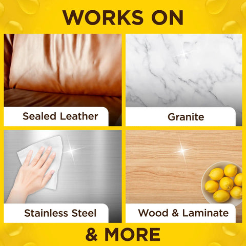 Image showing surfaces compatible with Expert Care Wood Wipes With Lemon Scent For Sealed Wood Leather Granite And Stainless Steel Quick Shine Buff And Protect Polisher Wipes In A 24 Count Pack, including sealed leather, granite, stainless steel, and wood laminate with lemons.