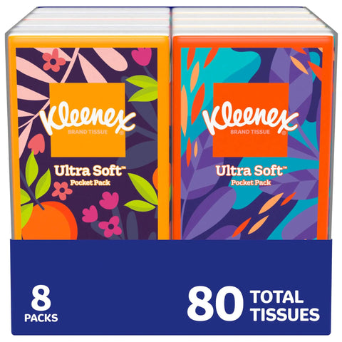 On-The-Go Pocket Pack Facial Tissues 8 Pack Bundle, 3-Ply Tissues With 10 Per Pack, 80 Total shown in colorful packaging.
