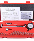 Accusize dial bore gauge set, 1.4-6 in range with dial indicator, rods, and red case