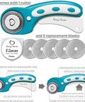 Turquoise honey's heaven rotary cutter set with 45mm blade, 5 replacement blades, cutting mat, acrylic ruler (side view)