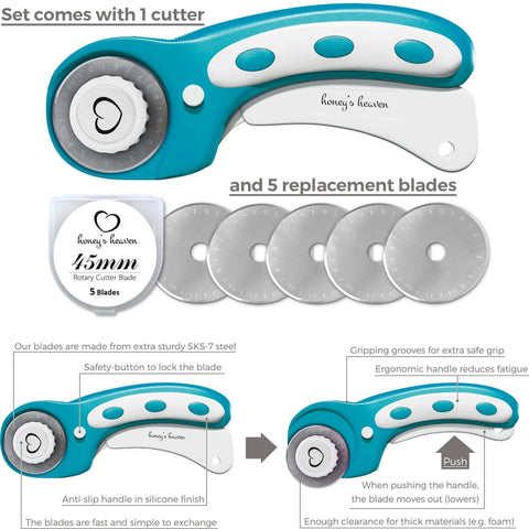 Turquoise honey's heaven rotary cutter set with 45mm blade, 5 replacement blades, cutting mat, acrylic ruler (side view)
