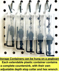Pro Woodworking Countersink Drill Bit Set For Wood With Tapered Bits And Depth Stop Collar Includes Hex Wrench And Storage Case Five Piece Set Sizes 4 6 8 10 12 FTG USA hanging in clear plastic containers on pegboard