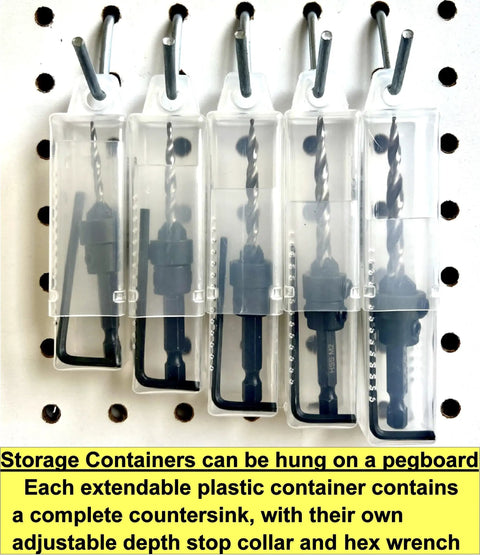 Pro Woodworking Countersink Drill Bit Set For Wood With Tapered Bits And Depth Stop Collar Includes Hex Wrench And Storage Case Five Piece Set Sizes 4 6 8 10 12 FTG USA hanging in clear plastic containers on pegboard