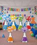 Room decorated with the 178 Piece Science Party Decorations Kit With Erlenmeyer Flask Cardboard Props, Balloons, Chains And Ribbon