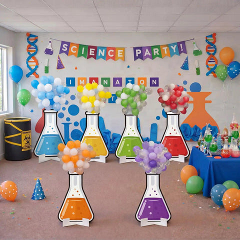 Room decorated with the 178 Piece Science Party Decorations Kit With Erlenmeyer Flask Cardboard Props, Balloons, Chains And Ribbon