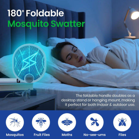 2 In 1 Electric Bug Zapper And Indoor Fly Swatter With Rechargeable Mosquito Zapper High Voltage Killer And UV Light Mosquito Trap For Efficient Indoor And Outdoor Pest Control on a nightstand with glowing UV light.