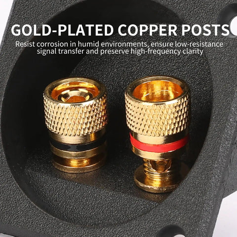 Close-up of gold-plated copper posts on 2.2 Inch Square Screw Type Speaker Terminal Cup For 2 Way Systems With Gold Plated Binding Posts