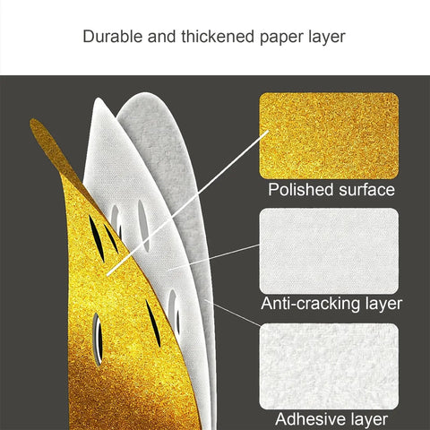 Cross-section of Dustless Sanding Discs Set 50 Pcs 5 Inch 8 Hole Round Sandpaper Grits showing polished surface, anti-cracking, adhesive layers