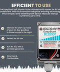 Easy Start Breeze 399 Soft Starter for RV air conditioners, shown with features and benefits, compact design for travel trailers.