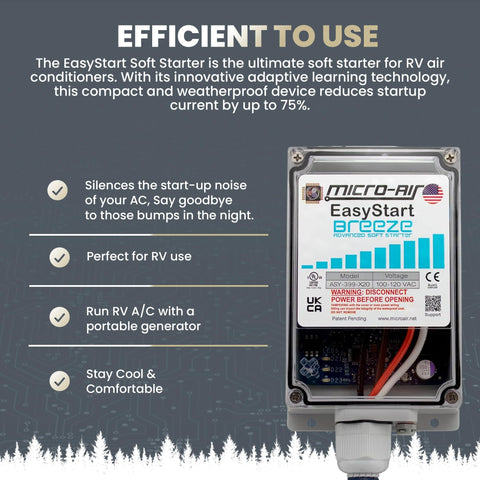 Easy Start Breeze 399 Soft Starter for RV air conditioners, shown with features and benefits, compact design for travel trailers.