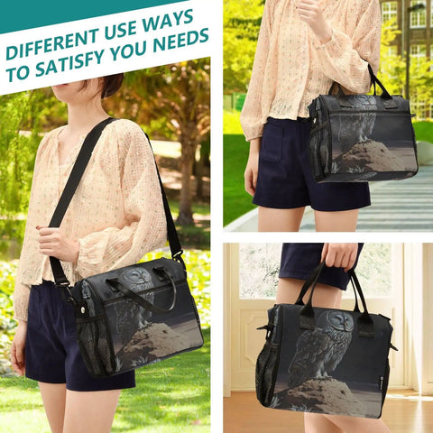 Insulated Leakproof Lunch Tote For Women And Men with owl design, worn crossbody and handheld, outdoor and indoor use
