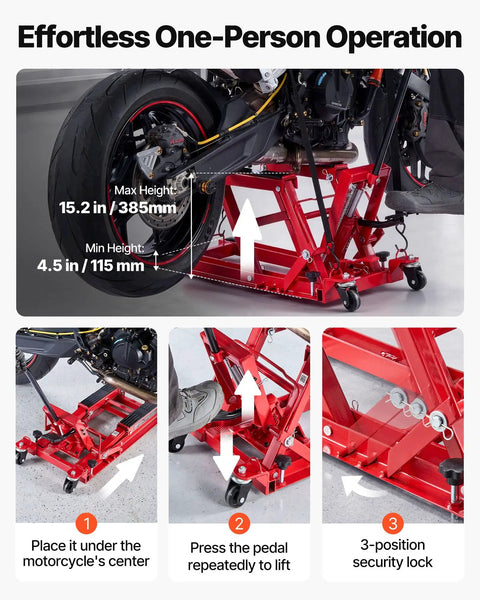 Hydraulic Motorcycle Lift Jack With 1500 Lbs Capacity, Portable ATV And Dirt Bike Hoist Stand With Four Wheels, Height Range 4.5 To 15.2 Inches, Foot Operated Hydraulic Lift For Easy Bike Maintenance