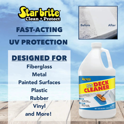 Non Skid Boat Deck Cleaner And Protectant With UV Shield No Scrub Needed All In One Deck Wash gallon bottle on wood deck