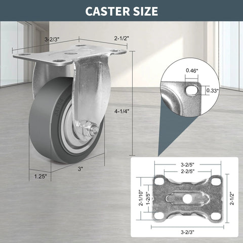 ZDNEY 3-inch rubber caster wheels with metal mounting plate; 4-pack (2 swivel, 2 rigid)