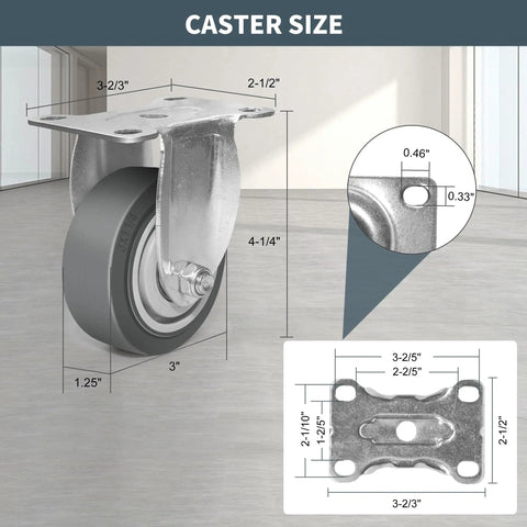 Rock Solid 3 Inch TPR Rubber Caster Wheels Set Of Four Hella Smooth Rolling Heavy Duty Non Marking Casters 1200 Lb Capacity dimensions and size details