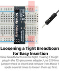 All In One Solderless Breadboard Power Kit with close-up of a full-size 830 tie point board and jumper wire insertion.