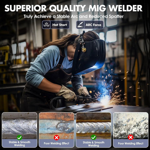 180 Amp All In One MIG Welder With Dual Voltage 110V 220V in use by welder, showcasing stable arc and reduced spatter in workshop.