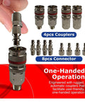 Beefy 12 Piece Air Hose Fitting Kit With 1/4 Inch NPT Quick Disconnects, heavy duty brass and steel finish, displayed with couplers and connectors