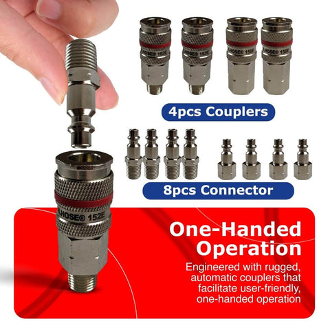 Beefy 12 Piece Air Hose Fitting Kit With 1/4 Inch NPT Quick Disconnects, heavy duty brass and steel finish, displayed with couplers and connectors