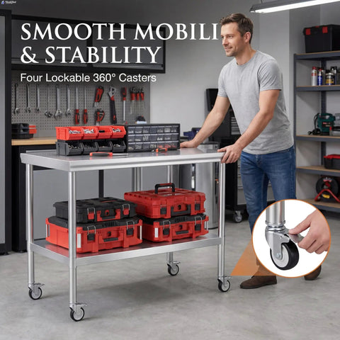Beefy Stainless Steel Pulley Workbench With Casters, used in a garage, featuring 201 stainless steel and lockable casters