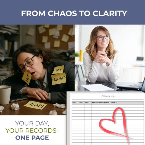 Image showing chaotic office desk with sticky notes and organized setup with All In One Daily Activity Log Notepad For Boss Level Office Productivity And Task Tracking Time Management Planner With Work Communication Logbook And Timesheet To Get You Organized On An 8.5 By 11 Legal Pad 60 Pages.