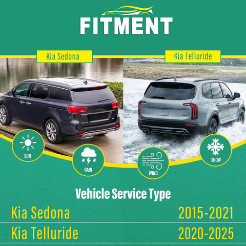 Kia Sedona 2015-2021 and Kia Telluride 2020-2025 in various weather conditions displayed in promotional image