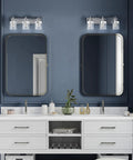 Bathroom with two Calhoun Collection Clear Glass Farmhouse Bath Vanity Light Three Light Brushed Nickel Vintage Inspired Fixture